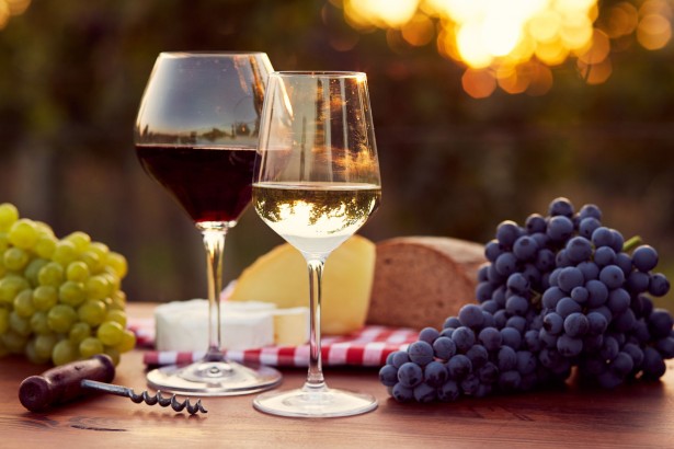 45249669 - two glasses of white and red wine with food at sunset, toned