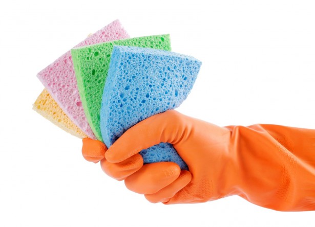9274113 - hand with orange glove holding colorful sponges for cleaning