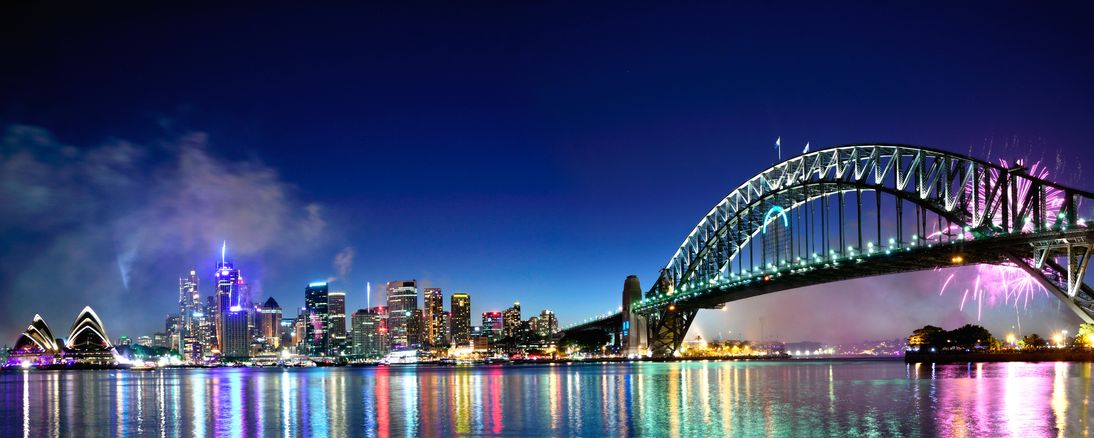 12042755 - world renown sydney harbour nye fireworks display panorama
