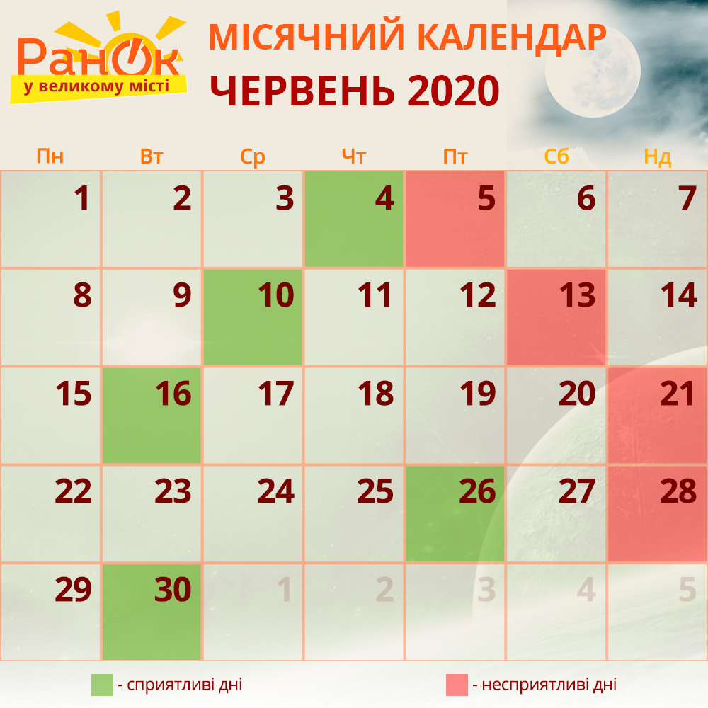 Місячний календар на червень 2020