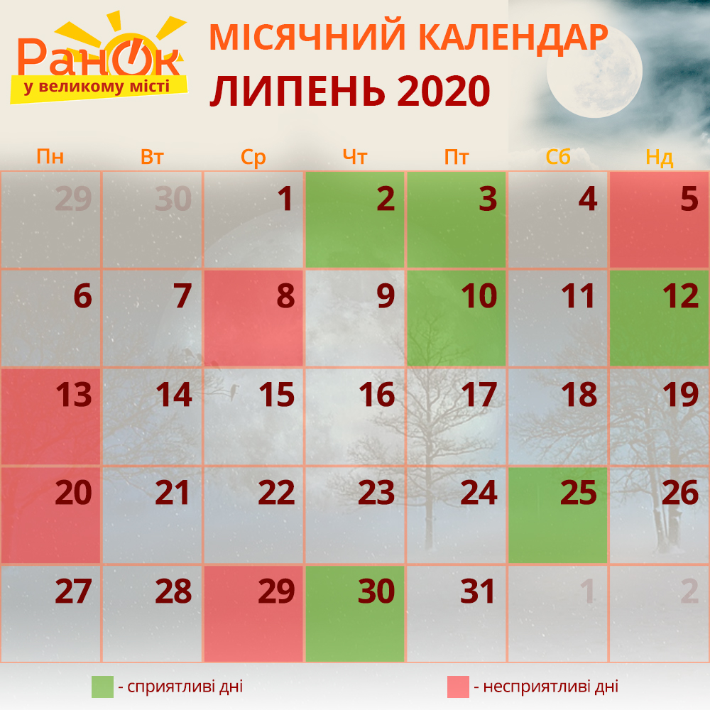 Місячний календар на липень 2020 