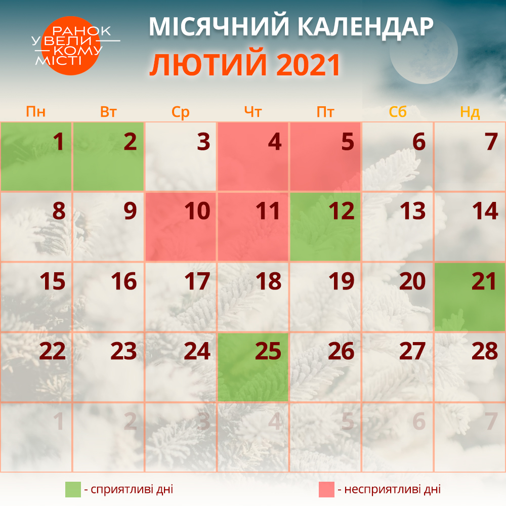 місячний календар на лютий 2021
