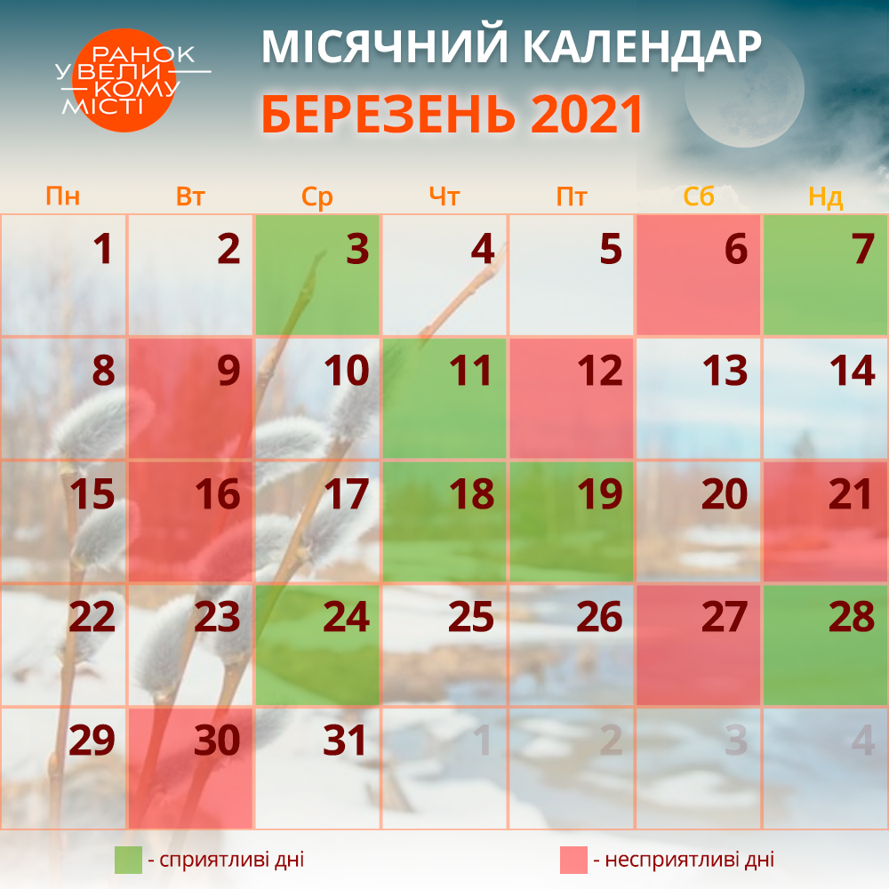 місячний календар на березень2021